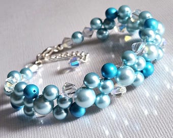 Aqua Teal Blue Pearl Wedding Beach Bracelet, Teal Cyan Beaded Bridal Bracelets, Beach Jewelry
