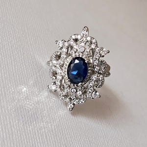 Navy Blue Cubic Zirconia Ring, Size 7US Rhodium Plated Dark Blue Cocktail Ring, Sapphire Blue Oval Crystal Ring, Navy Halo Ring, Women Ring