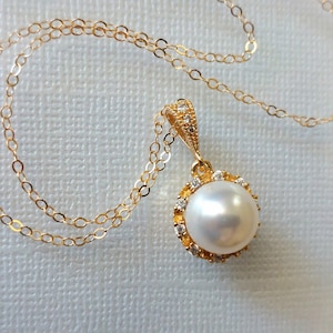 White Pearl Gold Wedding Necklace, Pearl Gold Bridal Pendant, Single Pearl Gold Necklace, White Pearl Bridal Jewelry Pearl CZ Bridal Pendant