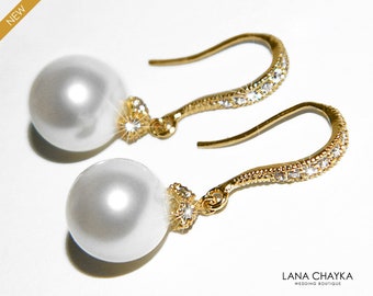 Pearl Gold Bridal Earrings, Swarovski White or Ivory Pearl Dangle Earrings, Wedding Pearl Gold Jewelry, Bridesmaids Earrings, Bridal Jewelry