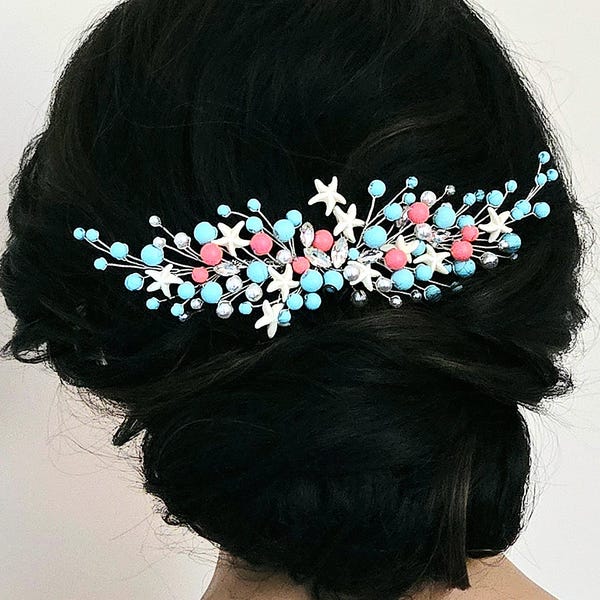 Peigne mariage étoile de mer corail bleu sarcelle, postiche de mariée sirène, accessoires de cheveux de mariée de plage