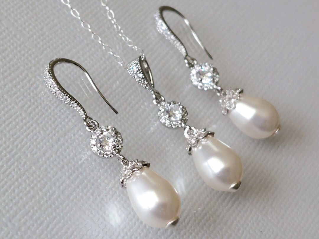 Pearl Bridal Jewelry Set White Pearl CZ Silver Wedding Set Etsy