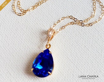 Blue Gold Crystal Necklace, Majestic Blue Gold Pendant, Sapphire Teardrop Necklace, Royal Blue Cobalt Wedding Necklace, Bridesmaids Jewelry