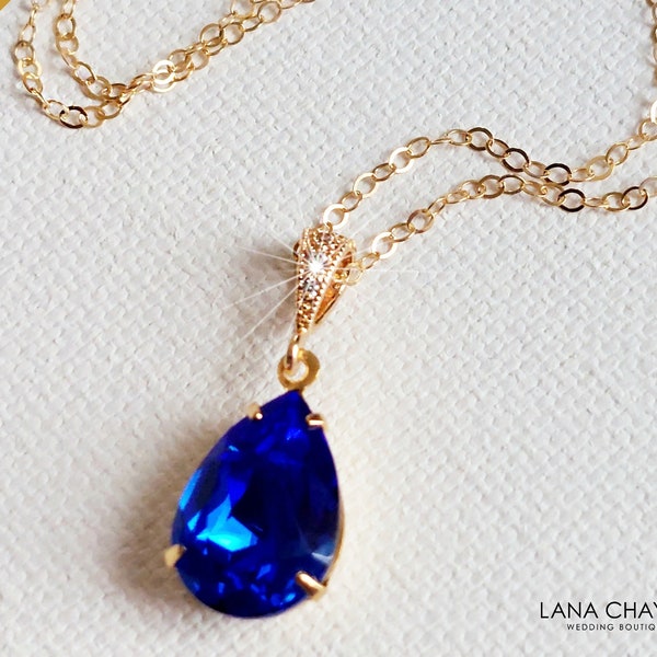 Blue Gold Crystal Necklace, Majestic Blue Gold Pendant, Sapphire Teardrop Necklace, Royal Blue Cobalt Wedding Necklace, Bridesmaids Jewelry