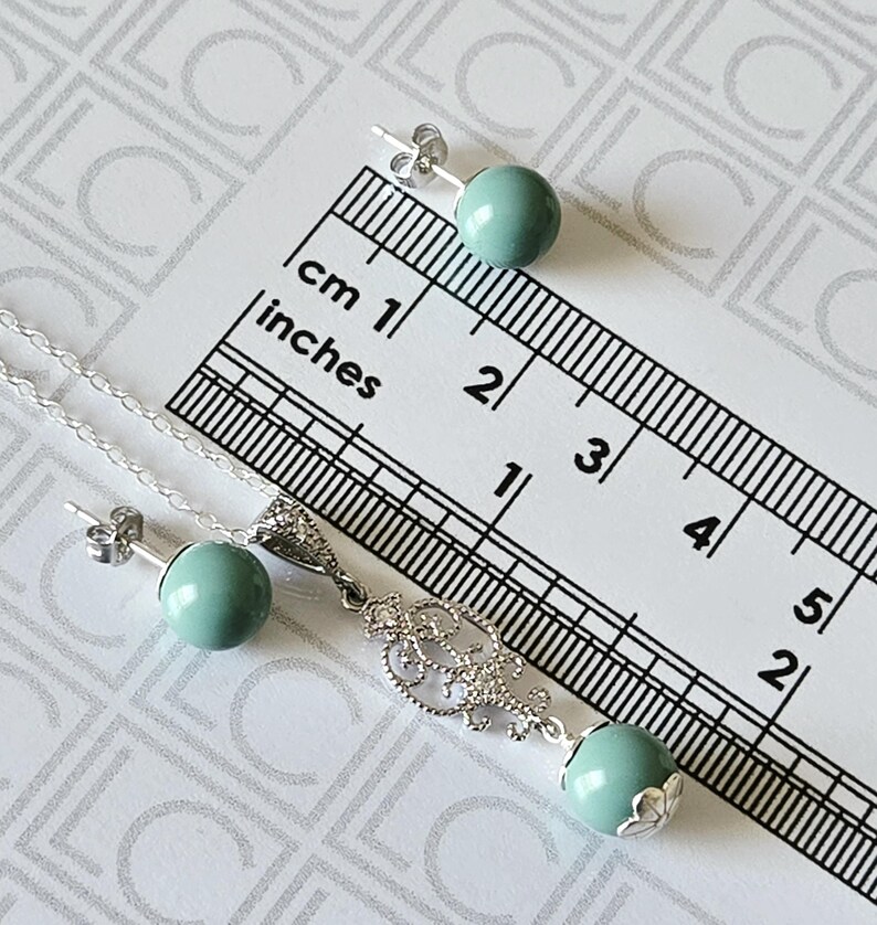 Jade Mint Pearl Silver Earrings Necklace Set, Aqua Green Pearls Studs, Jade Women Jewelry image 17