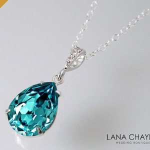 Blue Turquoise Crystal Necklace, Light Turquoise Teardrop Necklace, Blue Teal Silver Wedding Pendant, Light Teal Bridal Bridesmaids Necklace