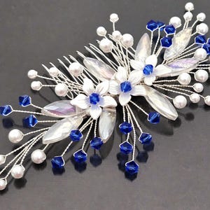 Blue Crystal White Pearl Hair Comb, Sapphire Blue Hair Piece, Side Hair Comb, Wedding Headpiece, Blue Hairpiece, Wedding Hair Accessories
