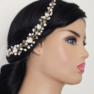 Bridal Gold Hair Vine, Wedding Golden Hair Piece, Pearl Crystal Wedding Wreath, Bridal Floral Vine, Wedding  Hair Accessory, Prom Hair Piece