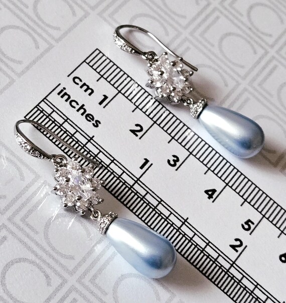 Blush Blue Teardrop Pearl CZ Wedding Bridal Chandelier Earrings