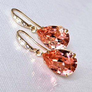 Coral Rose Peach Crystal Earrings, Pink Peach Gold Teardrop Earrings, Pink Coral Crystal Prom Earring, Coral Pink Wedding Bridesmaid Jewelry