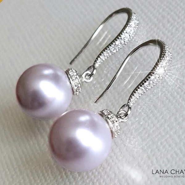 Lavendel parel bruiloft oorbellen, lila parel drop zilveren oorbellen, lavendel bungelen bruids oorbellen, bruiloft lila sieraden, lavendel sieraden