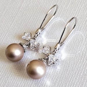 Champagne Pearl Earrings, Pearl Bow Dangle Earrings, Powder Almond Pearl Silver Earrings, Blush Champagne Wedding Earring, Champagne Jewelry