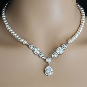 Perle Braut Halskette, weiße Perle Zirkonia Halskette, Hochzeit Perle Statement Halskette, Perle Brautschmuck, Hochzeit Perlenschmuck