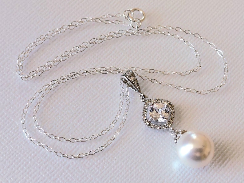 Pearl Bridal Jewelry Set, White Pearl Wedding Earrings Necklace Set, Pearl Chandelier Earrings, White Pearl Pendant, Wedding Pearl Jewelry image 9