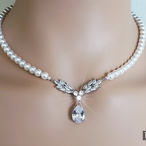 Pearl Bridal Necklace, White Pearl Silver Necklace, Wedding Pearl Cubic Zirconia Necklace, Bridal Pearl Wedding Jewelry, Statement Necklace