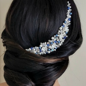 Pearl Wedding Hair Piece, White Blue Pearl Crystal Headpiece, White Blue Pearl Bridal Hairpiece, Wedding Hair Accessories Pearl Hair Jewelry