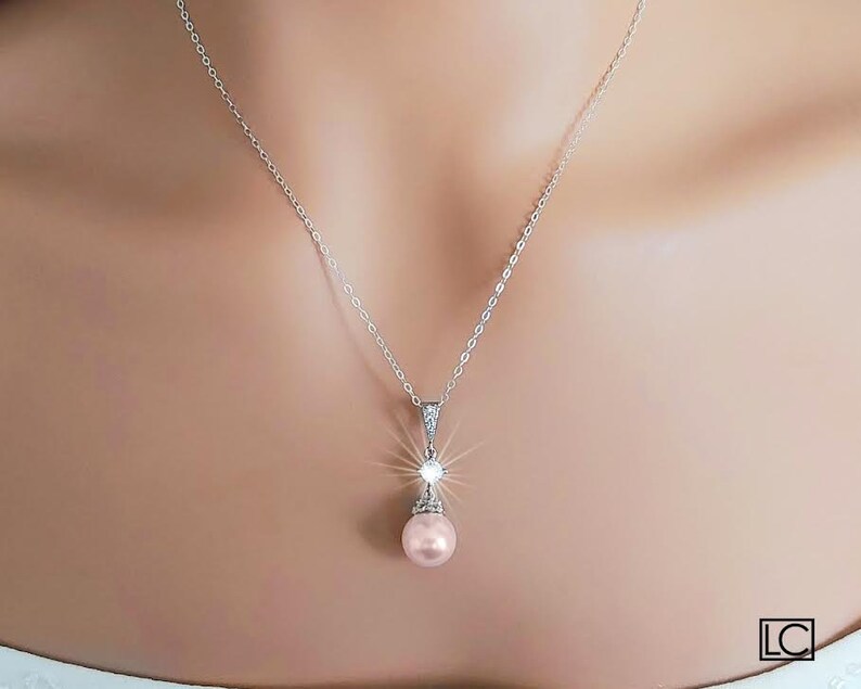 Pink Pearl Wedding Necklace, Blush Pink Pearl Pendant, Wedding Light Pink Necklace, Pink Pearl Drop Necklace, Blush Pink Wedding Jewelry image 3