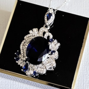 Navy Blue Crystal Necklace, Bridal Blue Sapphire Large Necklace, Wedding CZ Blue Silver Pendant, Sapphire Bridal Jewelry, Dark Blue Pendant