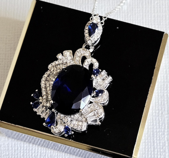 Navy Blue Crystal Necklace, Bridal Blue Sapphire Large Necklace