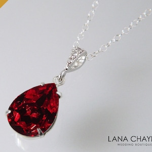 Red Crystal Necklace, Siam Dark Red Teardrop Necklace, Red Silver Dainty Bridal Necklace, Wedding Bridesmaids Red Jewelry, Deep Red Pendant