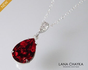 Collier cristal rouge, collier en larme rouge foncé du Siam, collier de mariée délicat en argent rouge, bijoux de demoiselles d'honneur mariage rouges, pendentif rouge profond