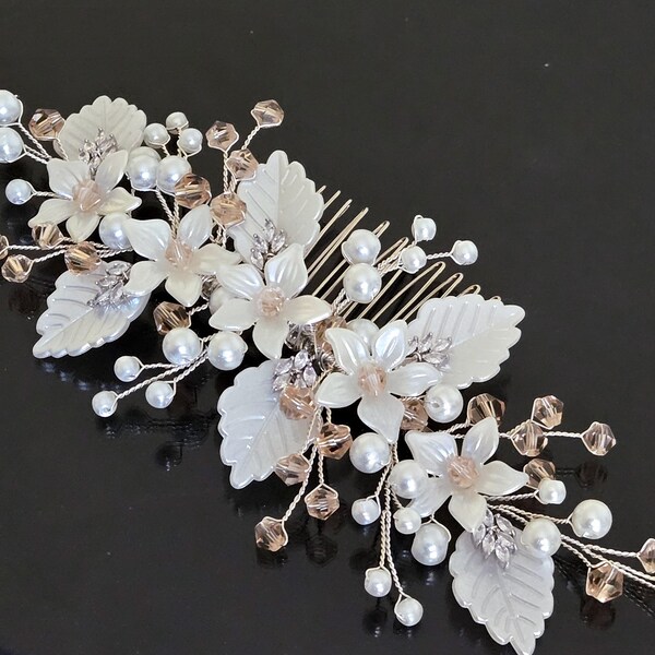Champagne White Bridal Hair Comb, Wedding Side Hair Comb, Champagne Pearl Crystal Hairpiece, Wedding Champagne Headpiece, Prom Hair Comb