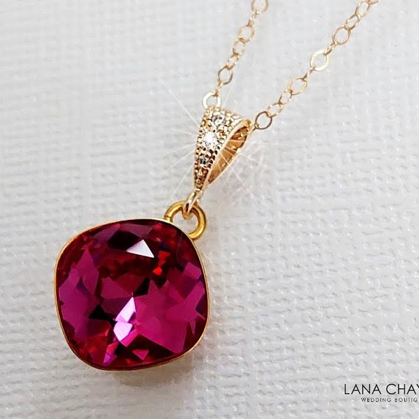Collier en cristal fuchsia, pendentif en or cristal rose chaud, collier de mariage en cristal magenta, bijoux en cristal fuchsia, collier rose de mariée