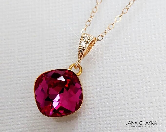 Fuchsia Crystal Necklace, Hot Pink Crystal Gold Pendant, Magenta