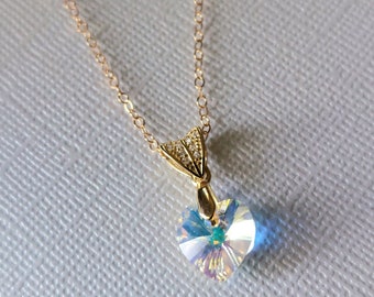 Heart Crystal Dainty Necklace, Aurora Borealis Heart Crystal Gold Pendant, Dainty Heart Crystal Bridal Charm Necklace, Wedding Heart Jewelry