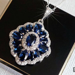 Blue Crystal Wedding Necklace, Sapphire Blue Cubic Zirconia Bridal Pendant, Dark Blue Silver Halo Crystal Pendant, Navy Blue Wedding Jewelry