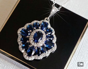 Blue Crystal Wedding Necklace, Sapphire Blue Cubic Zirconia Bridal Pendant, Dark Blue Silver Halo Crystal Pendant, Navy Blue Wedding Jewelry