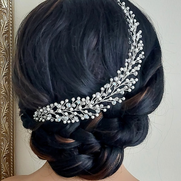 White Pearl Bridal Side Hair Vine, 12"Pearl Crystal Wedding Flexible Headpiece, Bridal Hair Wreath Accessory