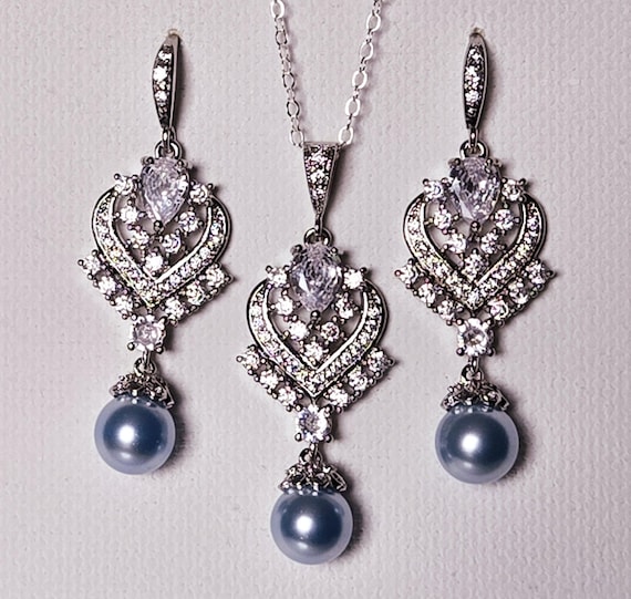 Blush Blue Pearl Jewelry Set, Light Blue Pearl Earrings Necklace Set, Blue Wedding Bridal Chandelier Earrings, Blue Pearl Prom Jewelry Set