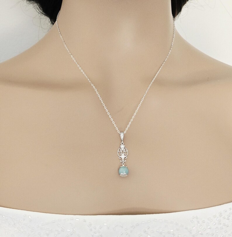 Jade Mint Pearl Silver Earrings Necklace Set, Aqua Green Pearls Studs, Jade Women Jewelry image 6