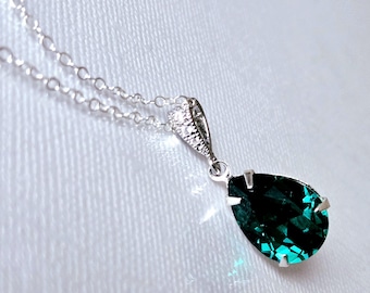 Emerald Green Crystal Necklace, Green Teardrop Silver Necklace, Emerald Wedding Pendant, Bridal Bridesmaids Green Jewelry, Green Necklace