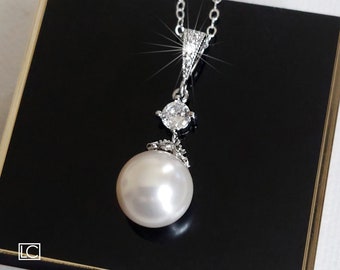 Pearl Bridal Necklace, White Pearl Drop Necklace, Pearl Silver Wedding Necklace, Bridal Jewelry, Bridal Party Gift, White Pearl Pendant