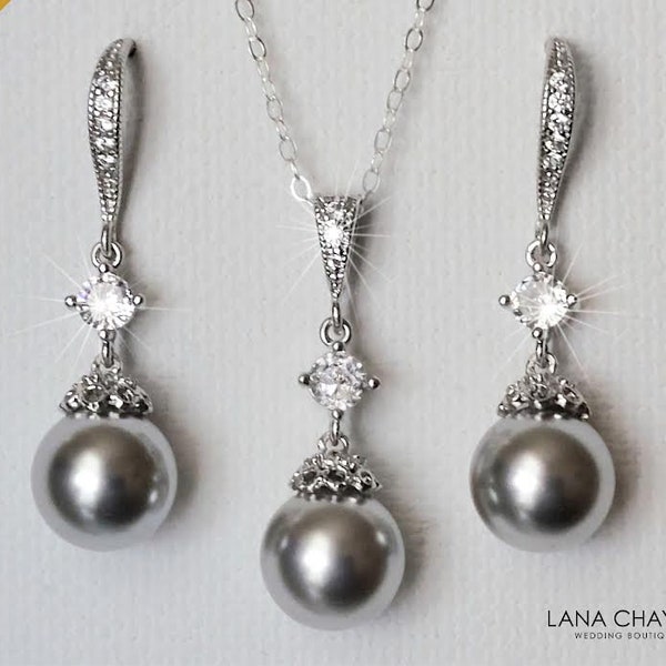 Light Grey Pearl Jewelry Set, Grey Silver Earrings Necklace Set, Light Grey Chandelier Earrings, Grey Pearl Pendant, Wedding Grey Jewelry