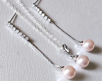 Blush Pink Pearl Jewelry Set, Pink Pearl Earrings Wedding Set, Light Pink Earrings Necklace Set, Pink Long Earring Blush Pink Bridal Pendant