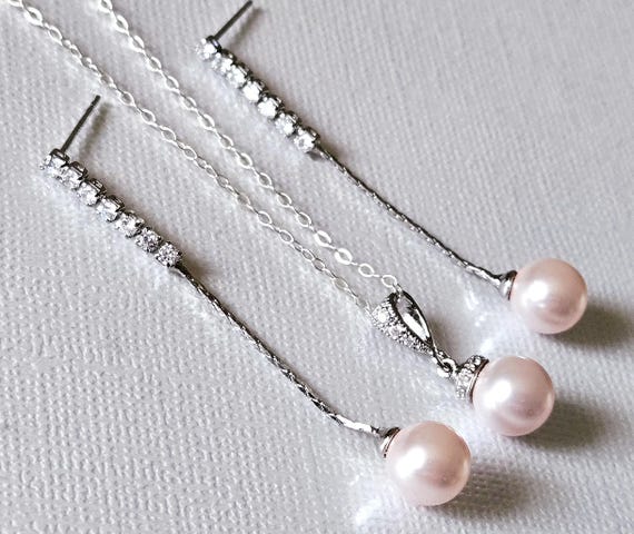 Blush Pink Pearl Jewelry Set, Pink Pearl Earrings Wedding Set, Light Pink  Earrings Necklace Set, Pink Long Earring Blush Pink Bridal Pendant