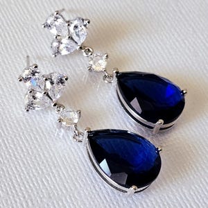 Navy Blue Crystal Earrings, Blue Teardrop Wedding Earrings, Sapphire Chandelier Bridal Earrings, Dark Blue Prom Earrings, Deep Blue Earrings