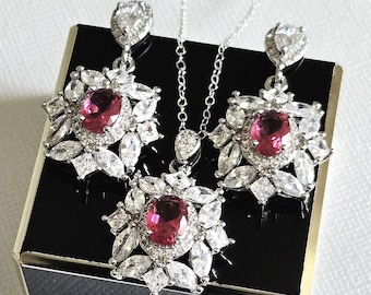 Pink Crystal CZ Wedding Jewelry Set, Rose Pink Halo Bridal Earrings Necklace Sets, Prom Jewelry