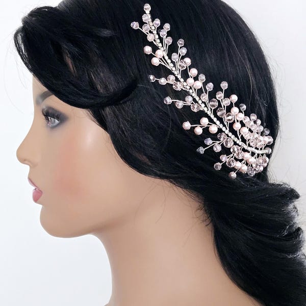 Blush Pink Bridal Hair Piece, Pink Wedding Side Headpiece, Light Pink Crystal Pearl Hair Jewelry, Pastel Pink Bridal Prom Hair Accessory