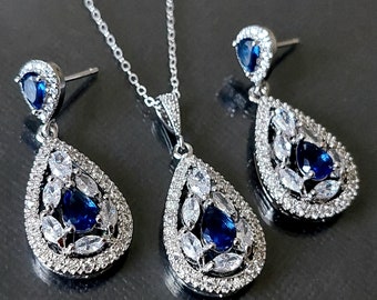 Navy Blue Crystal CZ Teardrop Wedding Jewelry Set, Blue CZ Earrings Necklace Bridal Prom Set,  Wedding Blue Jewelry