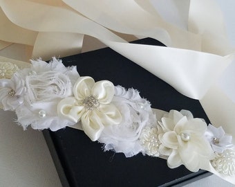 Wedding Bridal Floral Sash, White Ivory Dress Belt, Wedding Rustic Sash, Bridal Satin Sash Belt Embellished White Sash White Ivory Gown Belt