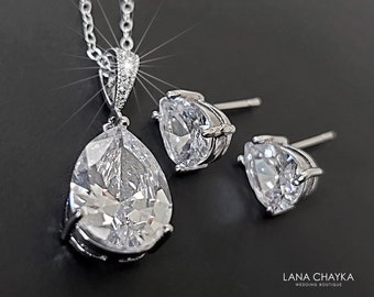 Cubic Zirconia Dainty Jewelry Set, Small CZ Earrings Necklace Set, Wedding Crystal Jewelry Set, Teardrop Zirconia Ear Studs, Wedding Jewelry