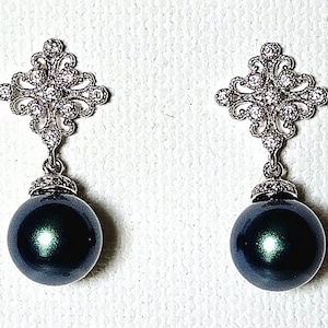 Green Pearl Silver Earrings, Dark Green Round Pearl Earrings, Tahitian Green Pearl Wedding Earrings, Green Pearl Wedding Bridesmaid Jewelry