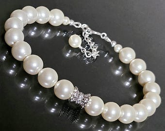 Ivory Pearl Silver One Row Wedding Bracelet: 7.50" Cream Pearls Bridal Classic Bracelets, Wedding  Jewelry