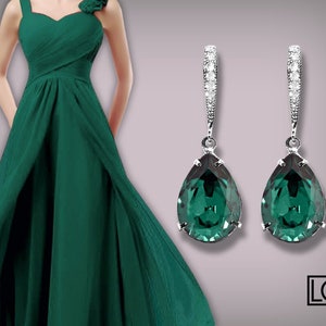 Emerald Teardrop Crystal Earrings, Swarovski Emerald Silver Earrings, Bridal Green Dangle Classy Earrings, Wedding Bridesmaids Green Jewelry