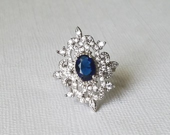 Navy Blue Cubic Zirconia Ring, Rhodium Plated Dark Blue Cocktail Ring, Sapphire Blue Oval Crystal Ring, Navy Blue Halo Ring, Blue Women Ring