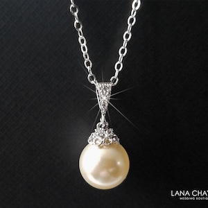 Pearl Bridal Necklace, Ivory Color Pearl Silver Necklace, Single Pearl Wedding Necklace, Bridal Pearl Jewelry, Pearl Drop Pendant Necklace